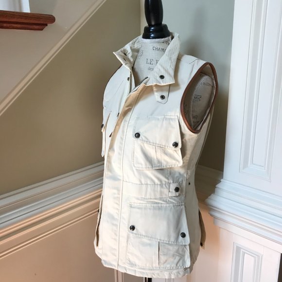 Ralph Lauren Safari Utility Vest Womens 10 Beige Tan Zip Up Front Leather Trim - Picture 8 of 13